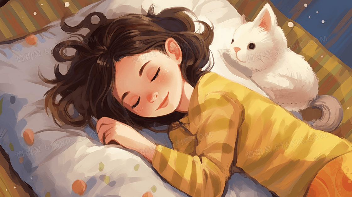 熟睡的女孩卡通插画