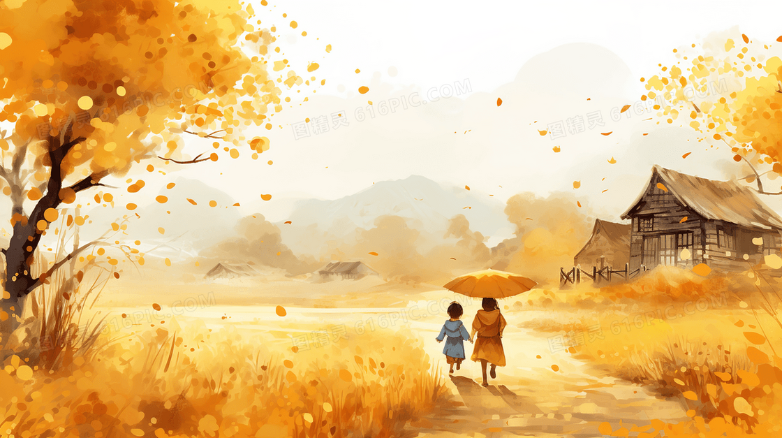 唯美秋天风景人物背影卡通插画