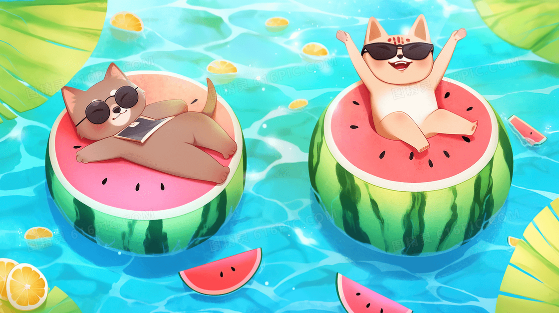 两个可爱的猫咪躺在游泳池上晒太阳创意插画