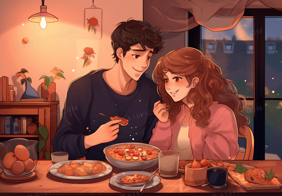 浪漫七夕情人节吃饭约会场景情侣插画
