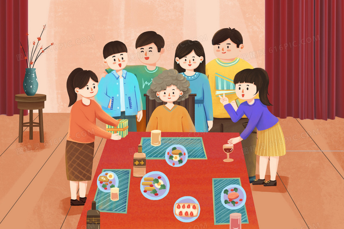 谢师宴同学老师一起合影插画