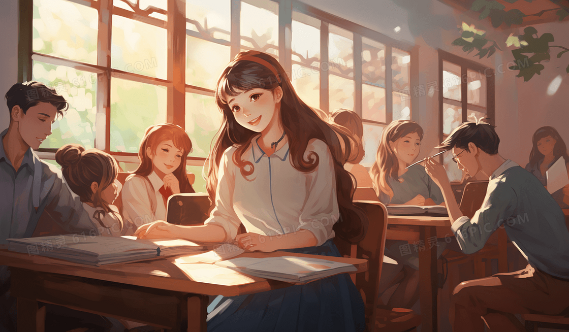 教室学生课桌学校场景女同学插画