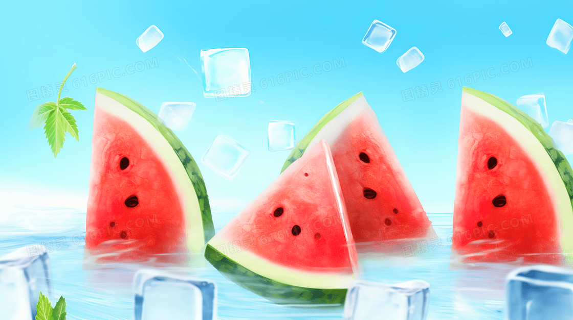 冰块西瓜夏天创意插画