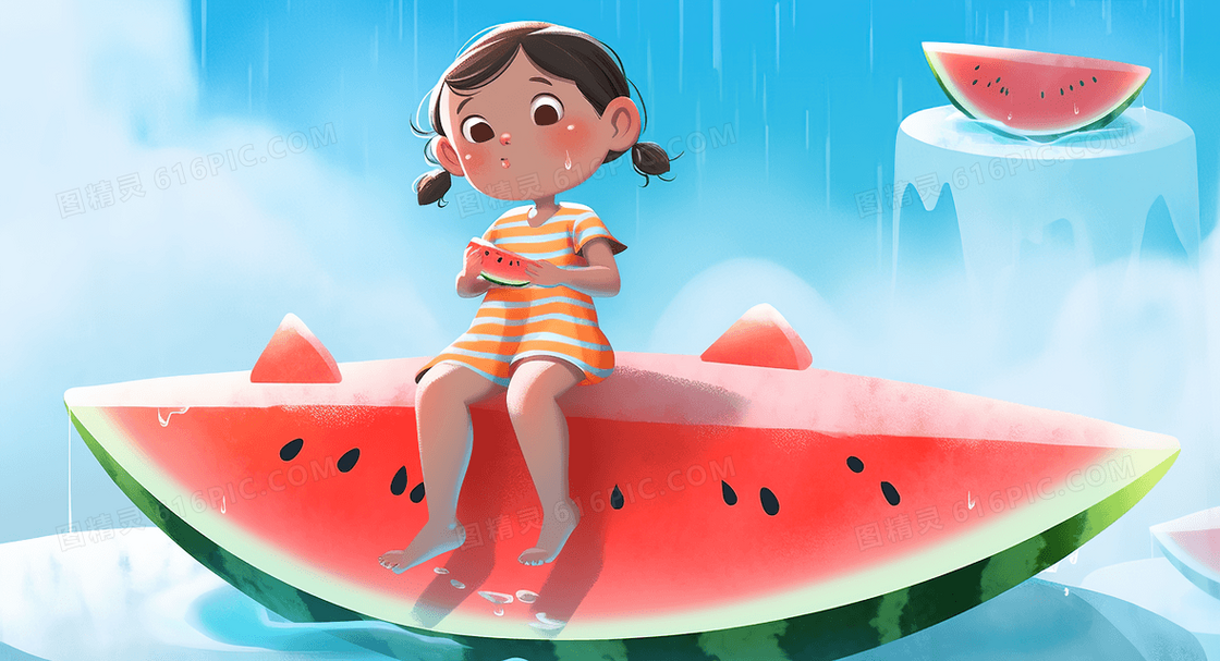 坐在巨大西瓜上吃西瓜的可爱女孩创意插画