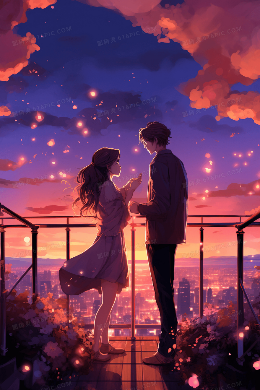 梦幻浪漫情侣七夕情人节约会插画
