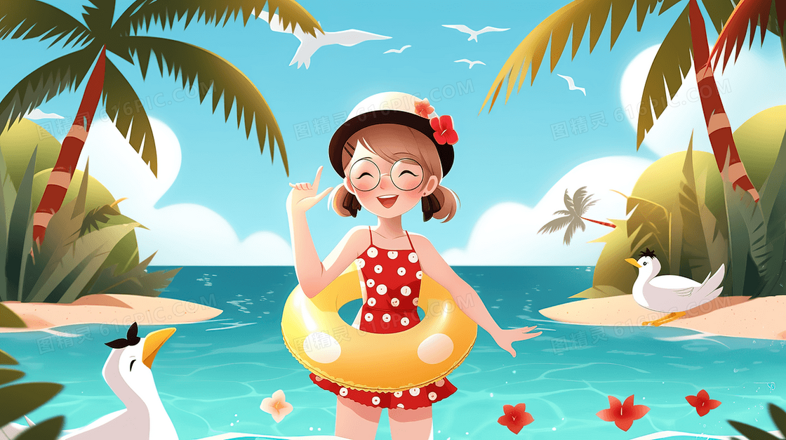 卡通可爱少女穿着泳装在海边度假创意插画