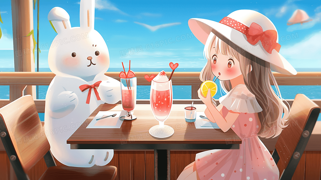 女孩在海边餐厅度假和可爱的玩偶一起吃饭创意插画