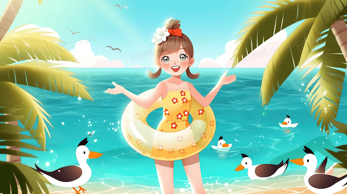卡通可爱少女穿着泳装在海边度假创意插画