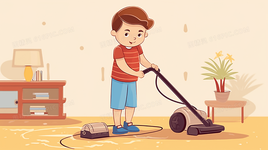 用吸尘器打扫卫生的男孩插画