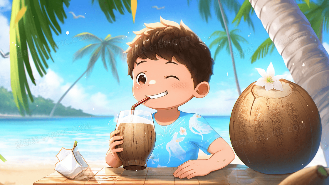 卡通可爱男孩在海边喝椰汁创意插画