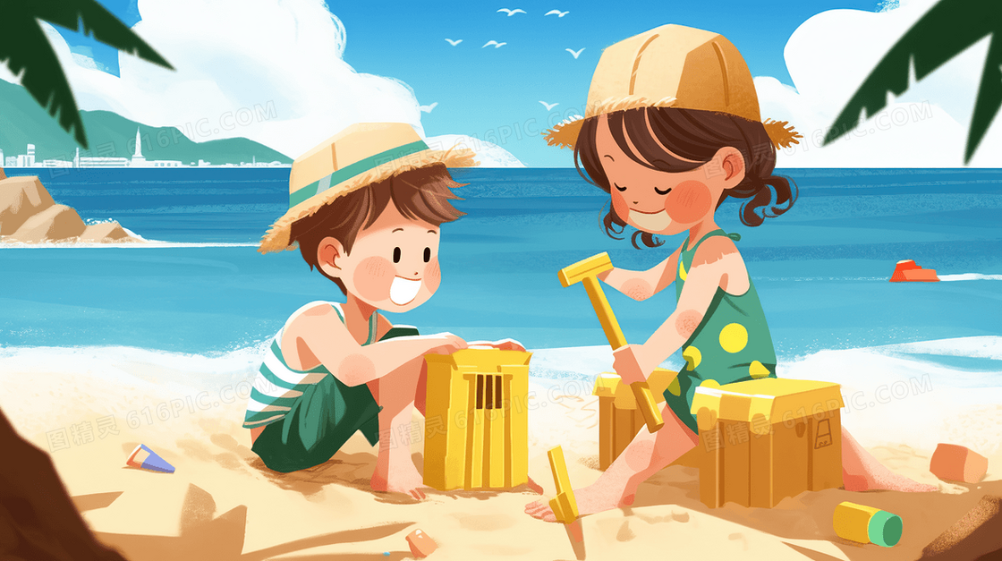 可爱的男孩女孩在海边沙滩上玩沙子创意插画