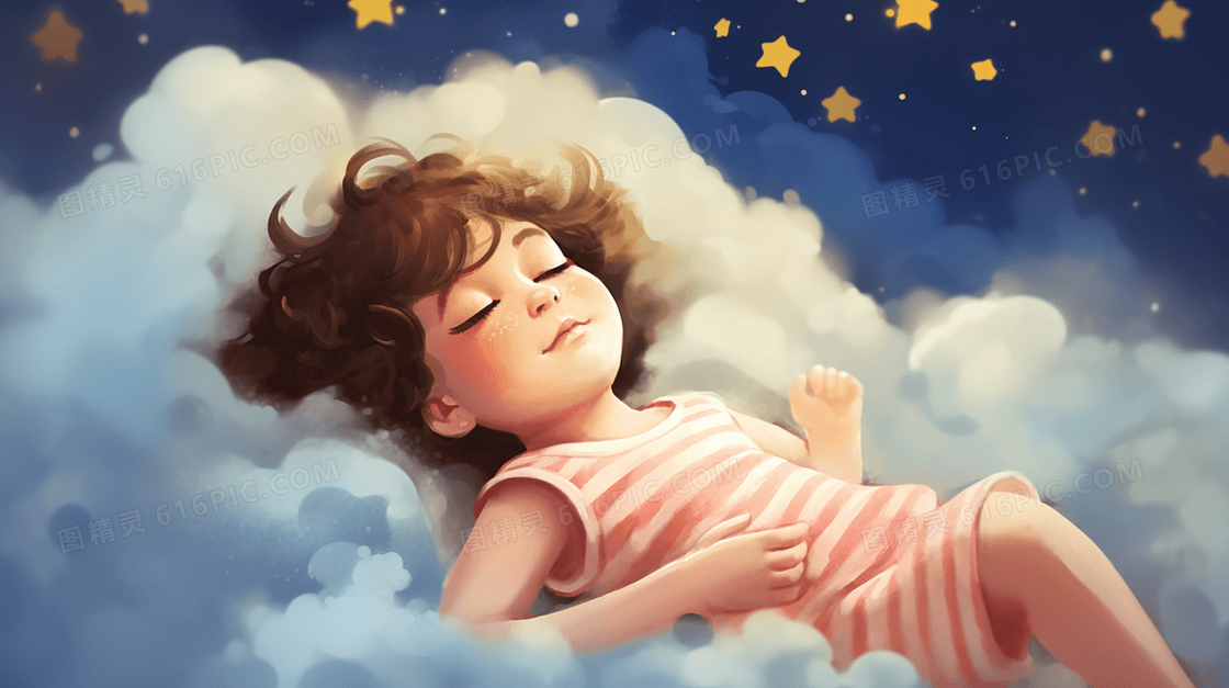 躺在云朵上睡觉的小女孩插画