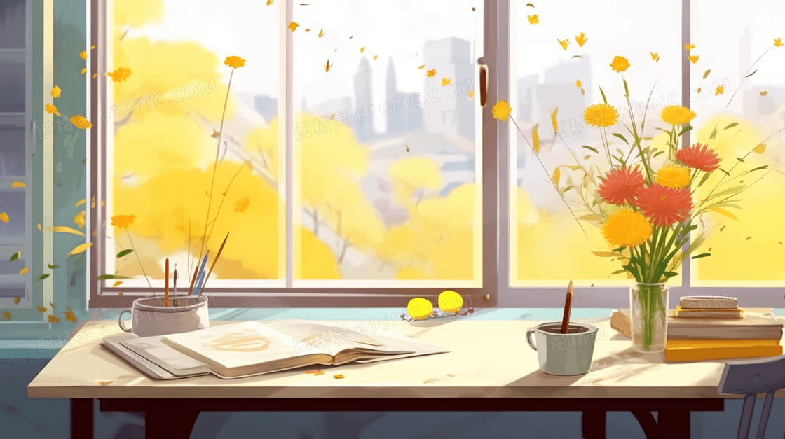 办公桌及窗边风景插画