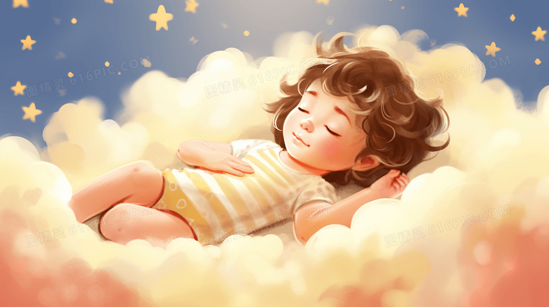躺在云朵上睡觉的小女孩插画