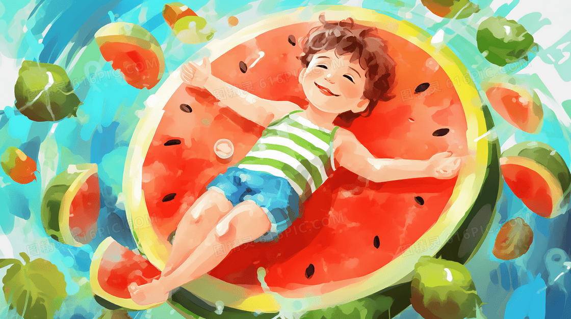 夏季躺在西瓜上的小男孩插画