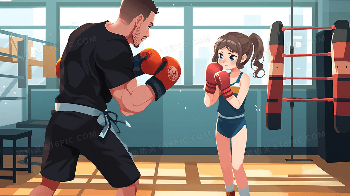 女孩和教练学习打拳击创意插画