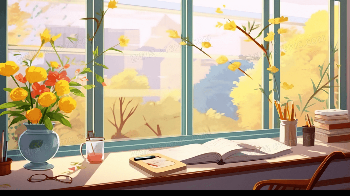 办公桌及窗边风景插画