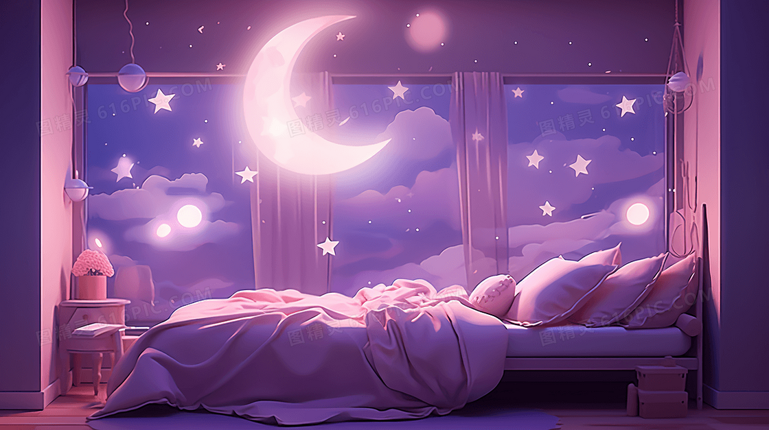 紫色梦幻星星云彩渐变唯美室内卧室卡通插画