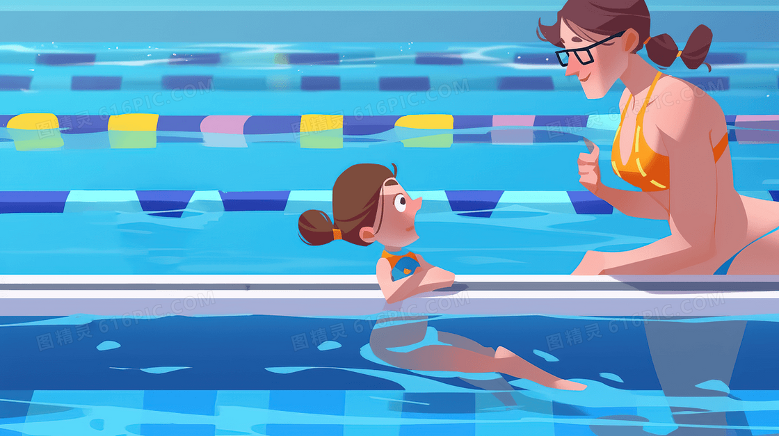 夏天孩子们认真的和教练学习游泳创意插画