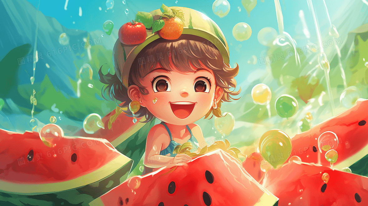 夏天儿童卡通西瓜清凉插画