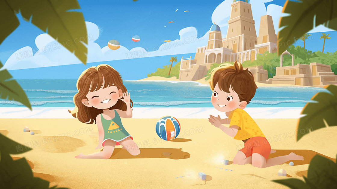 可爱的男孩女孩在海边沙滩上玩沙子创意插画