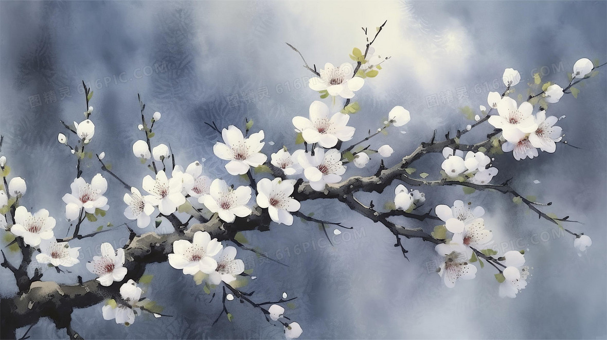 中国片水墨画绽放的梅花背景图片下载_2912x1632像素JPG格式_编号