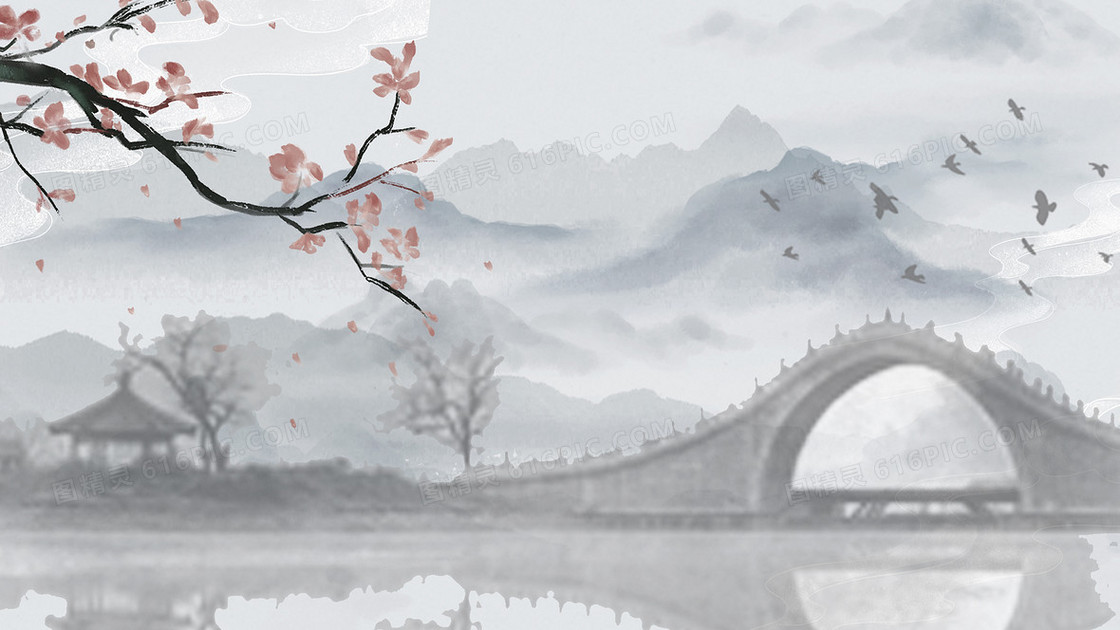 中国风古镇烟雨江南山水桃花风景插画