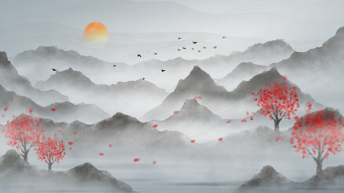 山水中国风太阳风光河山插画