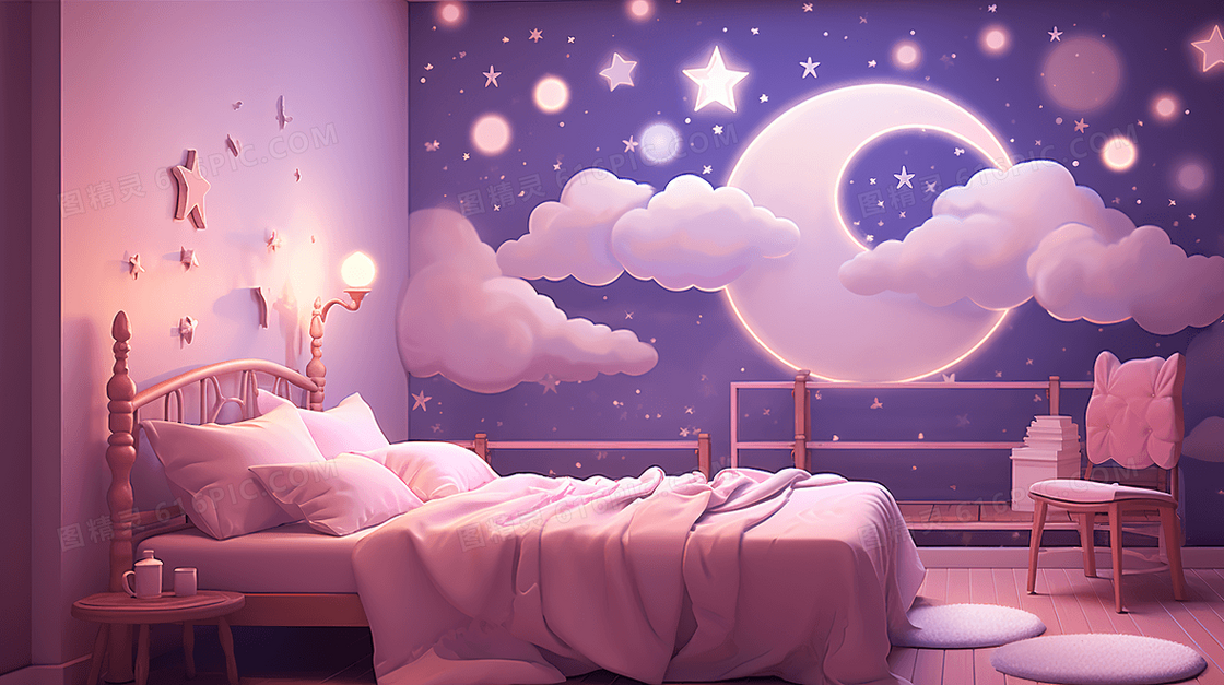紫色梦幻星星云彩渐变唯美室内卧室卡通插画