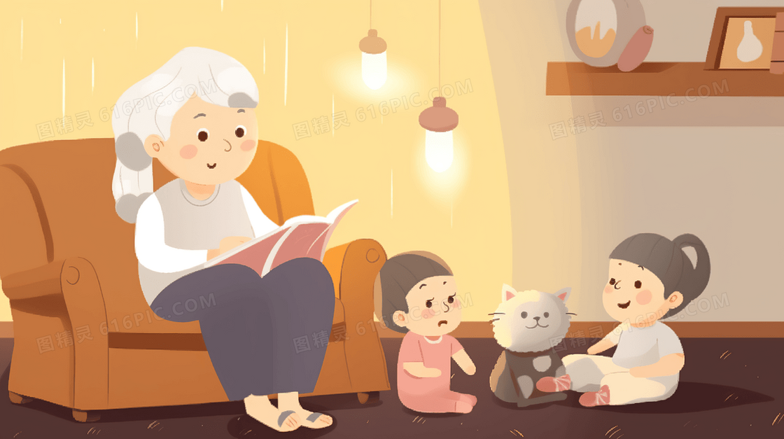 坐在沙发上给小朋友讲故事的老奶奶插画