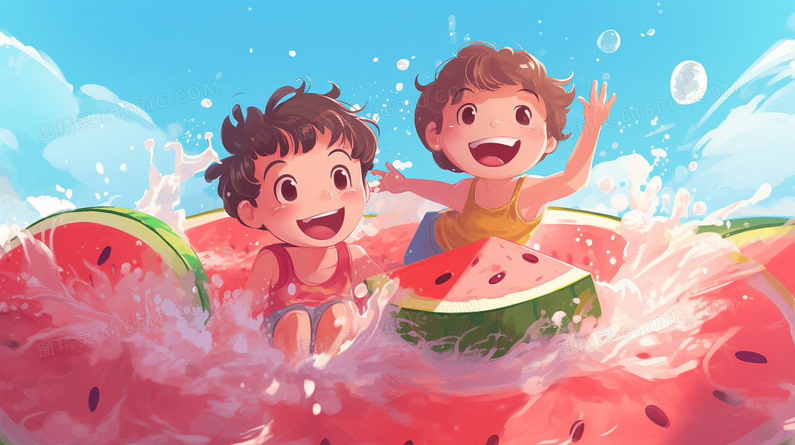 夏天儿童卡通西瓜清凉插画