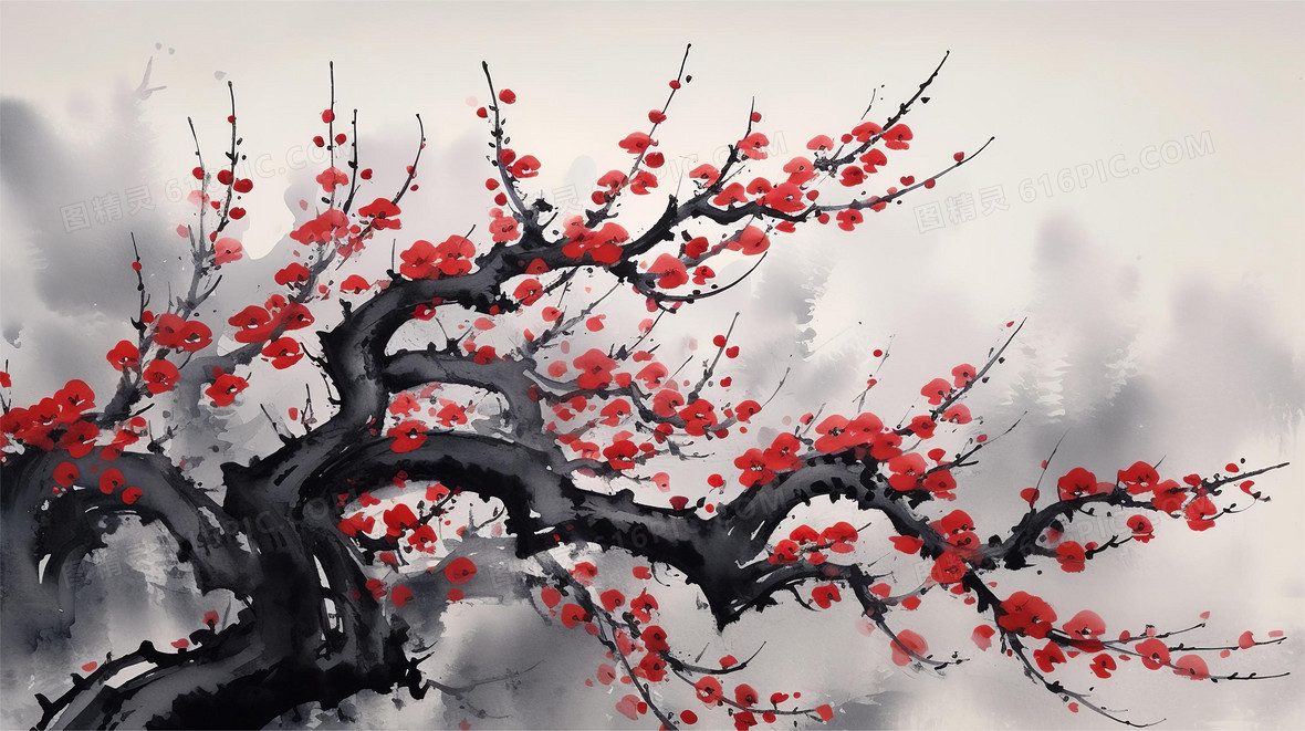 中国片水墨画绽放的梅花背景图片下载_2912x1632像素JPG格式_编号