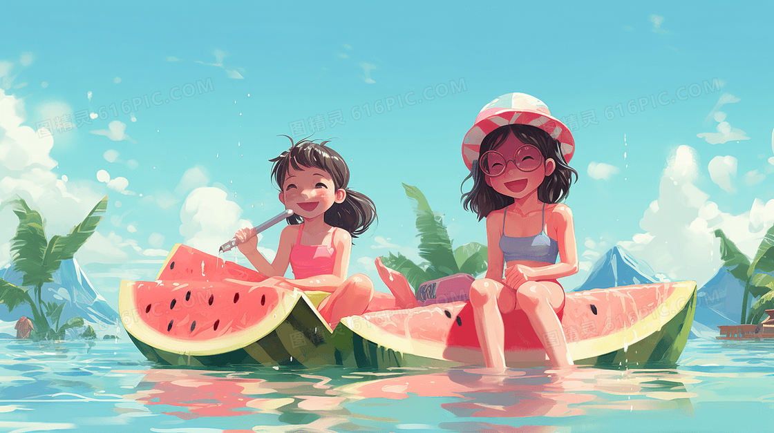 夏天儿童卡通西瓜清凉插画
