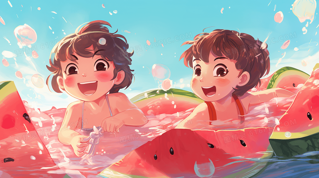 夏天儿童卡通西瓜清凉插画