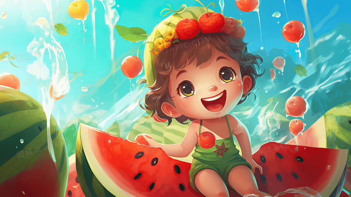 夏天儿童卡通西瓜清凉插画