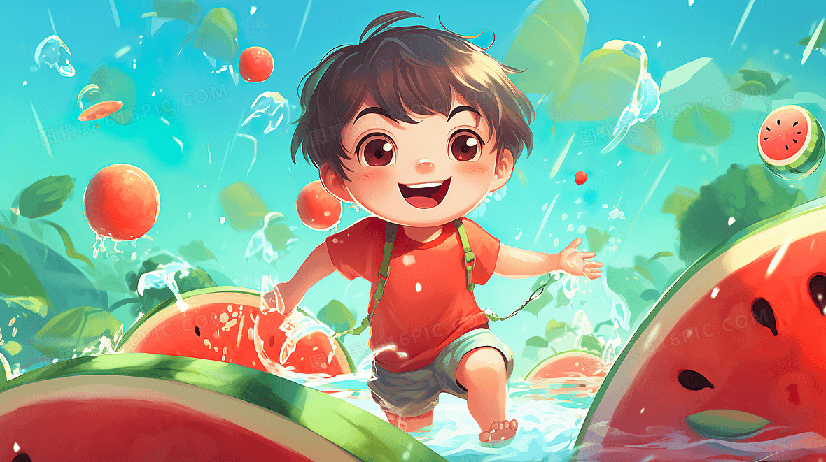 夏天儿童卡通西瓜清凉插画