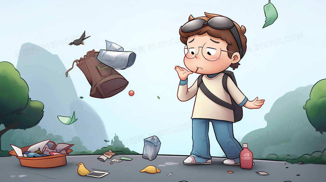 不爱卫生乱掉垃圾的学生创意插画