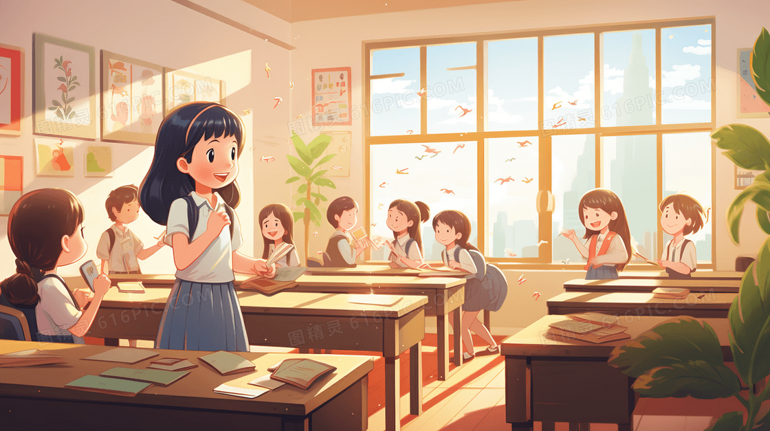 彩色小学课堂卡通插画
