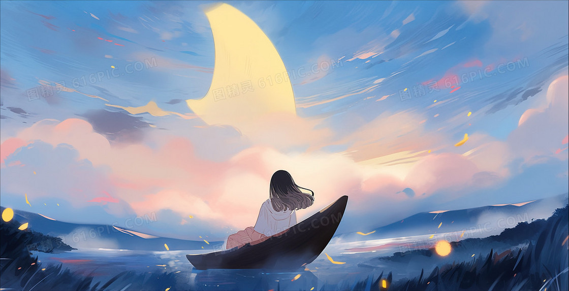 眺望美丽夜空的女孩创意插画