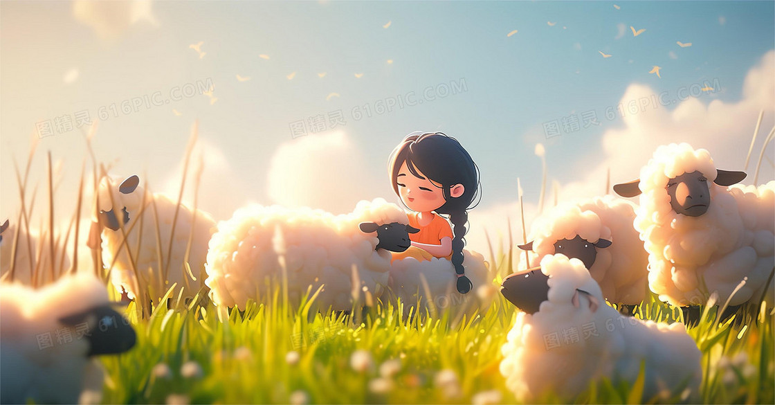 卡通风可爱的小女孩在羊群中玩耍