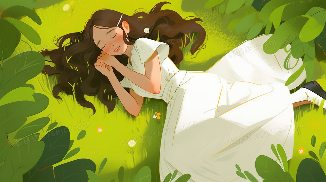 白露气节在草地上休息的女孩创意插画