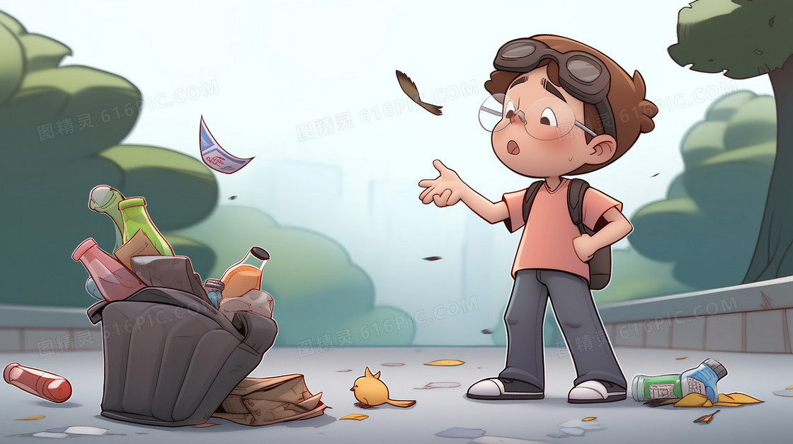 不爱卫生乱掉垃圾的学生创意插画