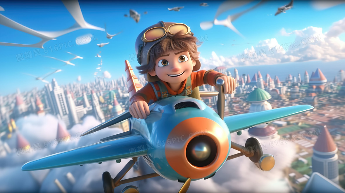 卡通小男孩梦想开飞机
