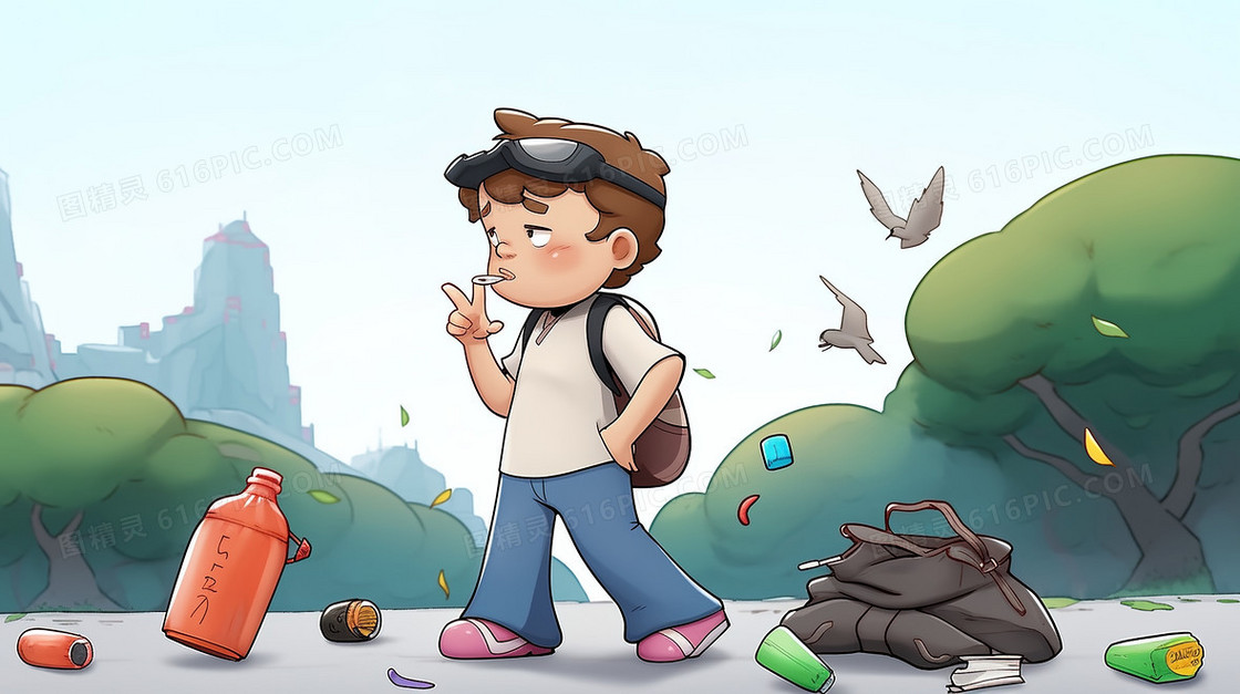 不爱卫生乱掉垃圾的学生创意插画