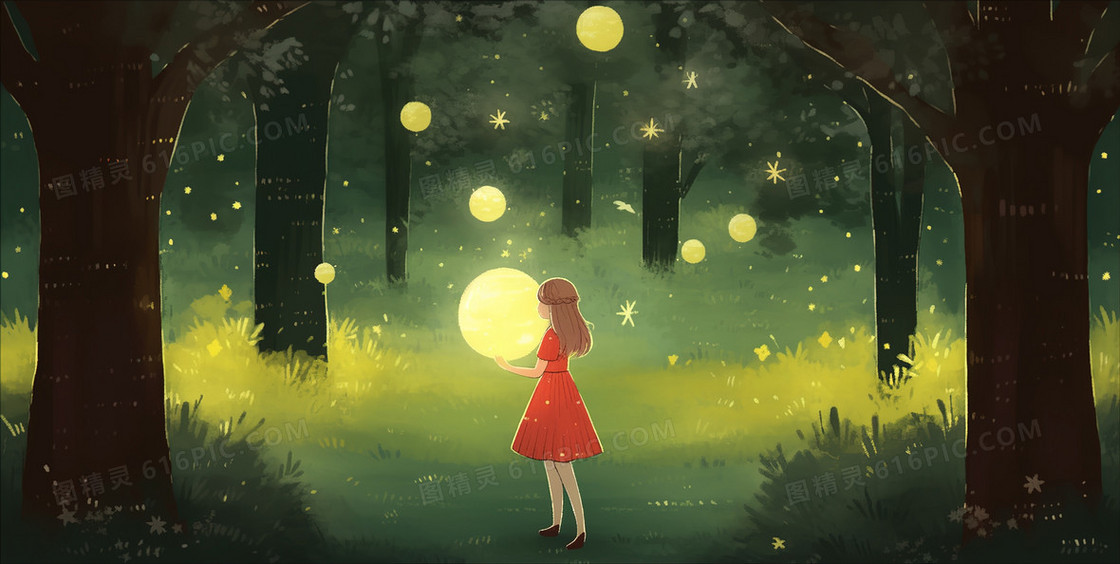 树林里拥抱月亮的女孩创意插画