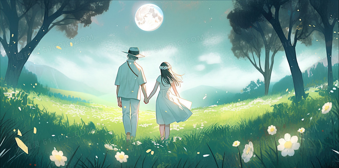 梦幻的春天一对热恋情侣在散步创意插画