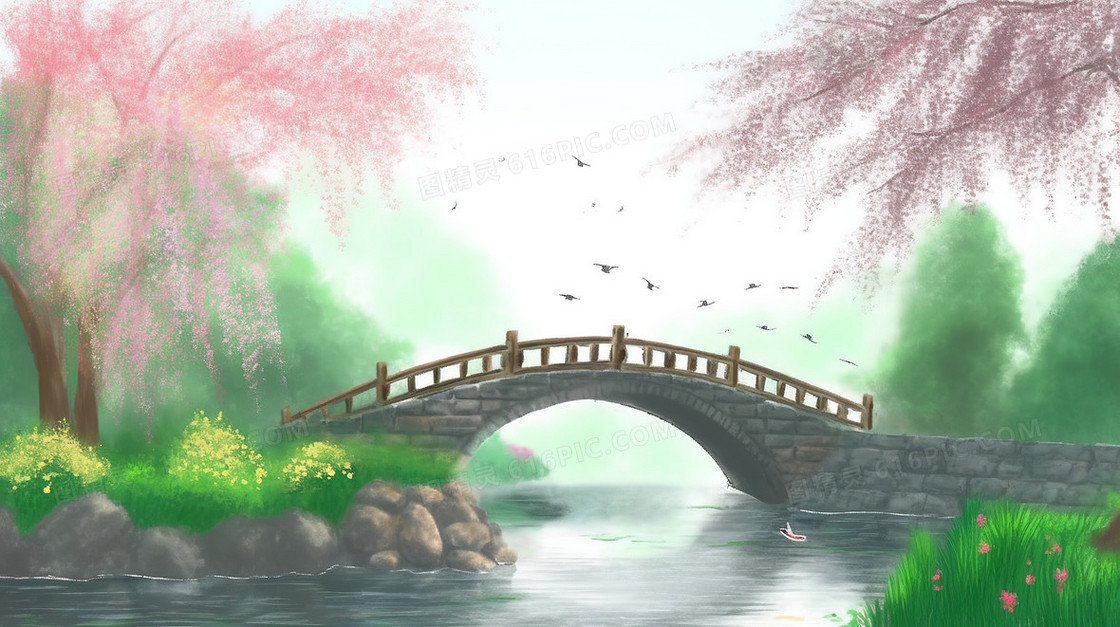 中国风春天美丽的石桥与风景创意插画
