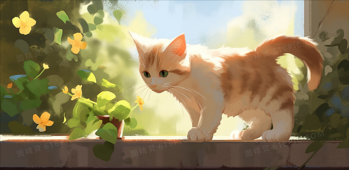 围墙上可爱的小猫咪创意插画