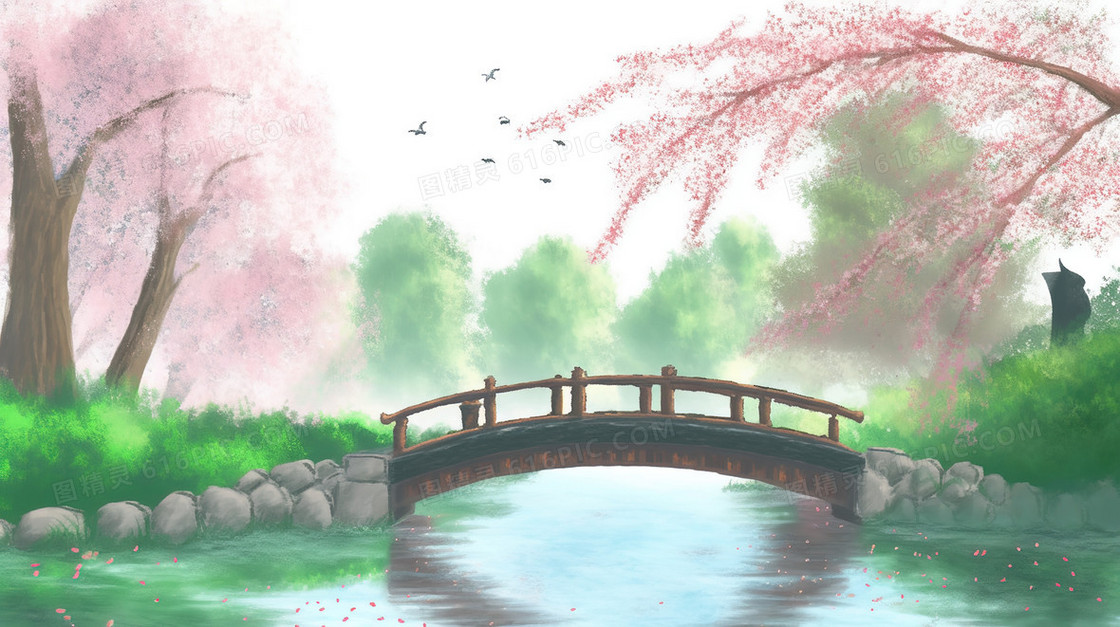 中国风春天美丽的石桥与风景创意插画