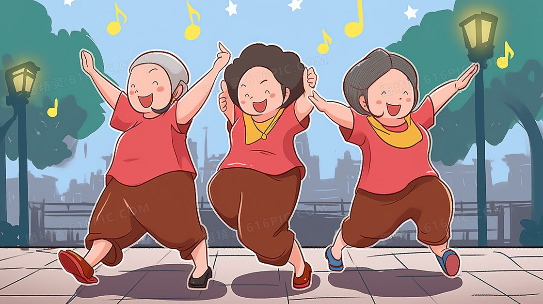 卡通风一群可爱的大妈在跳广场舞